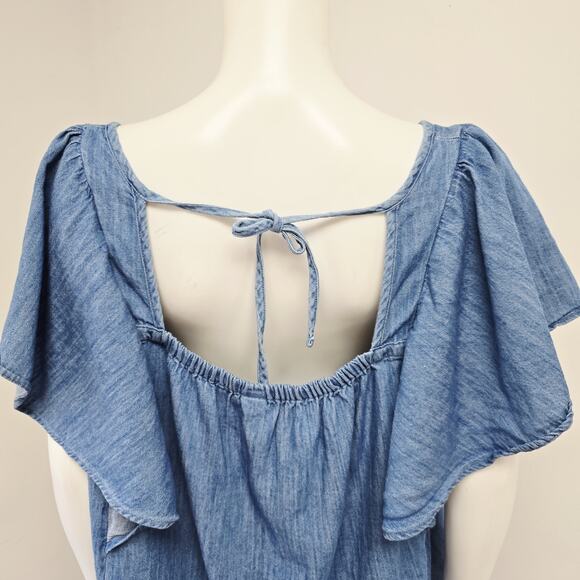 Old Navy Flutter Sleeve Top Size XL Chambray Jean Blue Tie Back Womens NWT - Picture 5 of 7